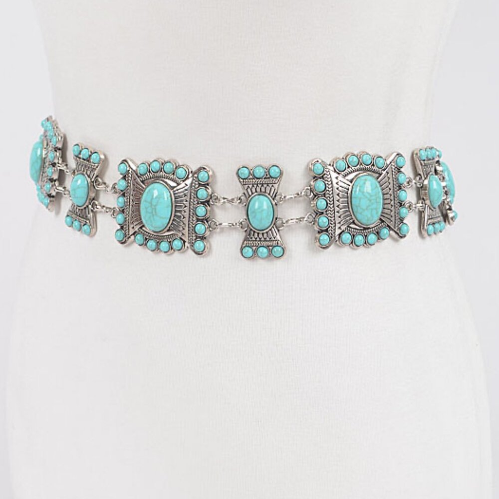 BNWT Turquoise Western Inspired Chain Belt Stone Chain Belt - Picture 3 of 5